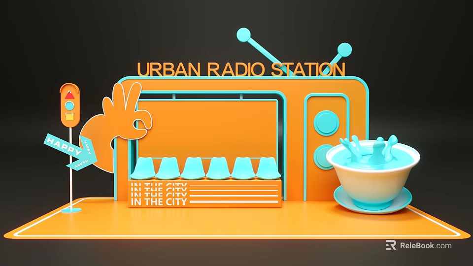 Urban Radio Station Themed Photo Spot With City Elements And Colorful Design 3d model 