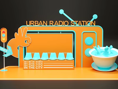 Urban Radio Station Themed Photo Spot With City Elements And Colorful Design 3d model