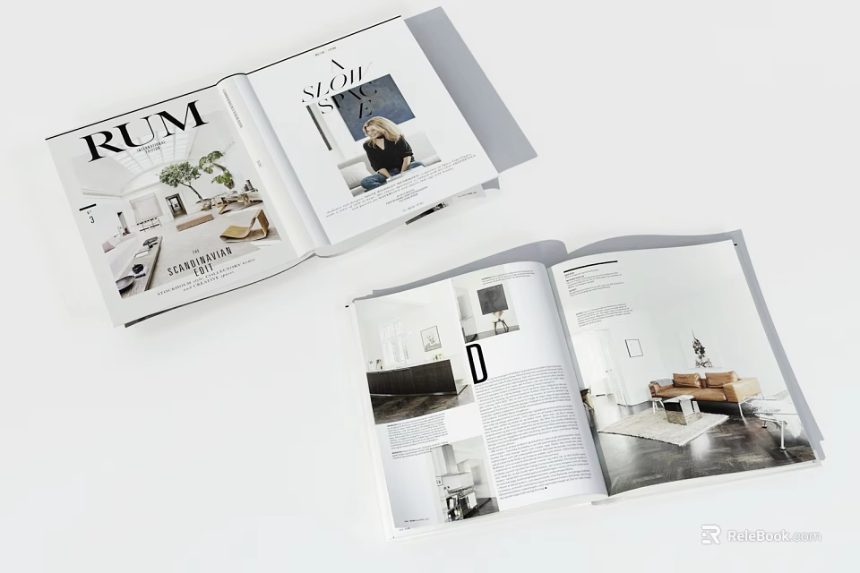 Interior Design Magazine Open Pages Featuring Modern Living Room Furniture And Decor 3d model 