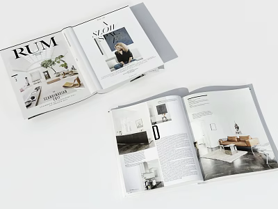 Interior Design Magazine Open Pages Featuring Modern Living Room Furniture And Decor 3d model