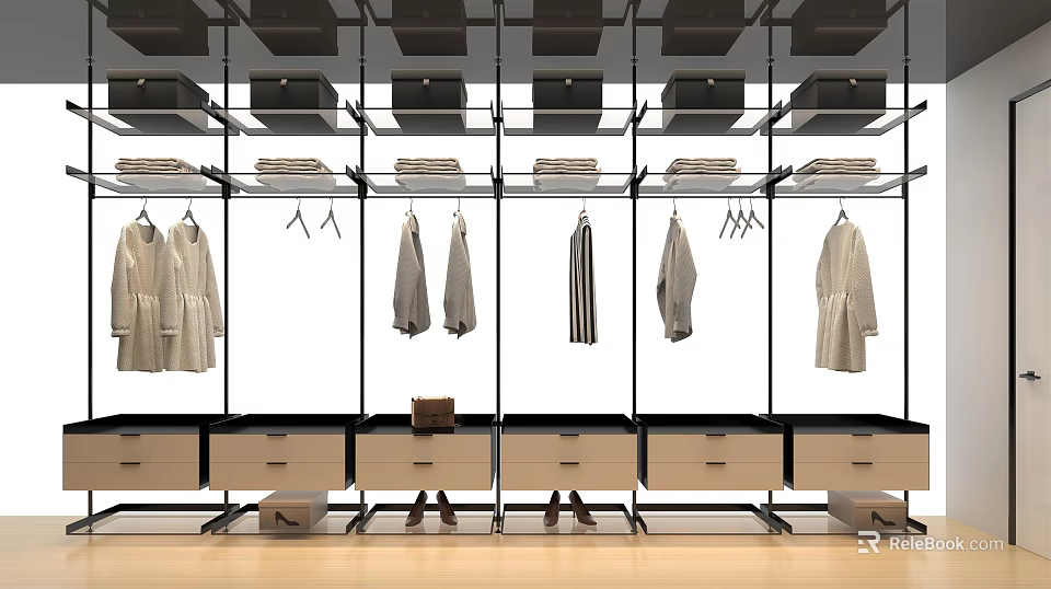 Modern Closet System With Metal Frame Glass Shelves Hanging Clothes And Drawers 3d model 
