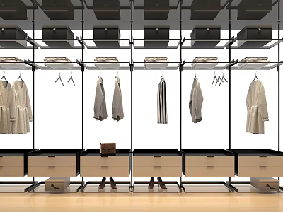 Modern Closet System With Metal Frame Glass Shelves Hanging Clothes And Drawers 3d model