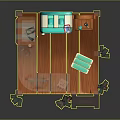 3D Wooden Stall Scene With Blue Backpack Table Stool And Flower Decorations