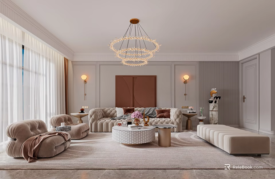 Elegant Living Room Interior with Chandelier Sofa Rug and Decorative Painting 3d model 