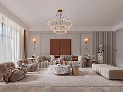 Elegant Living Room Interior with Chandelier Sofa Rug and Decorative Painting 3d model