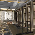 Luxurious Clubhouse Interior Featuring Display Shelves Chandeliers Golden Patterned Wall And Wooden Flooring