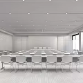 Spacious Modern Conference Room With Tables Chairs Blue Backdrop Wall And Windows