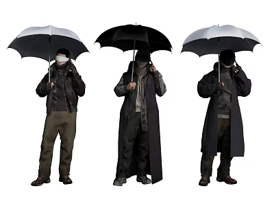 Three People Holding Umbrellas Wearing Coats With Face Covered On White Background 3d model