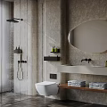 Modern Bathroom Sink Vanity with Oval Mirror Tiled Walls and Folded Towels