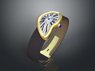 Stylish Gold Case Watch Featuring White Dial Black Roman Numerals Brown Leather Strap With Stitching 3d model