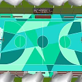 Outdoor Basketball Court With Colorful Geometric Floor Design And Surrounding Trees
