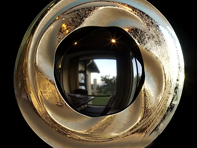 Golden Circular Wall Decor With Spiral Metallic Texture Central Opening Reflects Outdoor Building Nature View 3d model