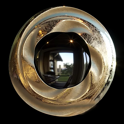 Golden Circular Wall Decor With Spiral Metallic Texture Central Opening Reflects Outdoor Building Nature View 3d model