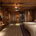 Hotel Guest Room With Wooden Interior Double Beds Decorative Paintings And Ceiling Fan Light