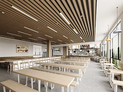 Modern Cafeteria Interior With Long Tables And Wooden Ceiling 3d model