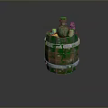 Vintage Wooden Barrel with Green Moss and White Hoops and Small Bottles on Top