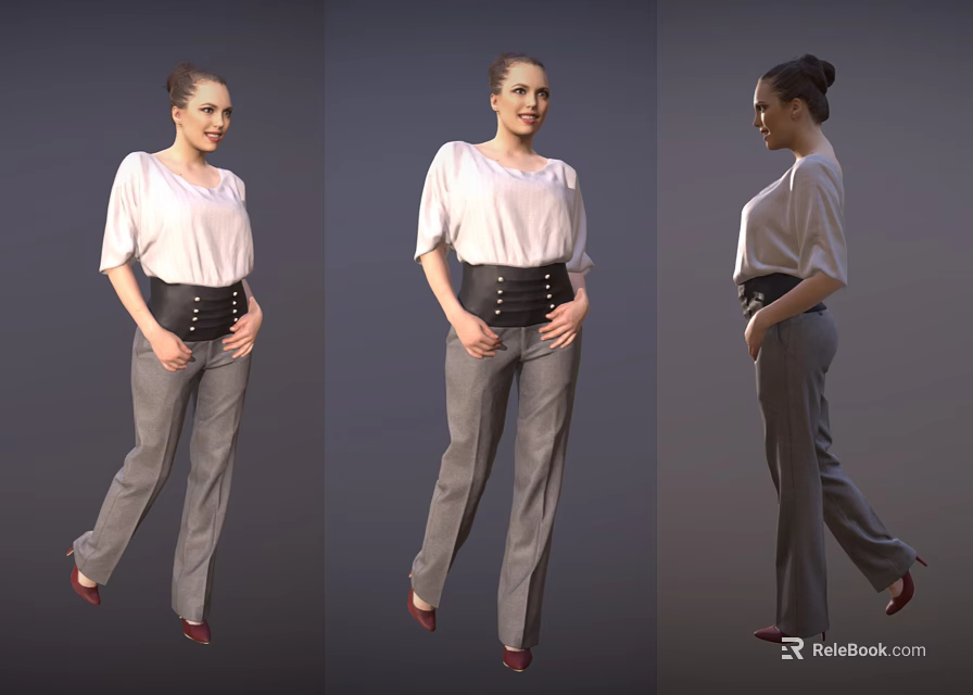 Woman Standing In White Top Gray Pants Black Belt And Red Shoes Three Quarter View 3d model 