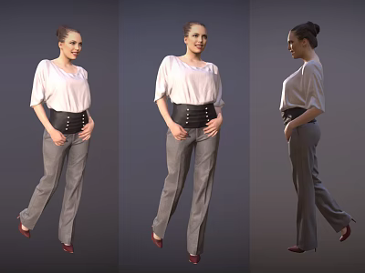 Woman Standing In White Top Gray Pants Black Belt And Red Shoes Three Quarter View 3d model