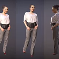 Woman Standing In White Top Gray Pants Black Belt And Red Shoes Three Quarter View