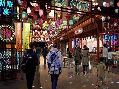 Vibrant Commercial Street With Colorful Lanterns Neon Signs Shops And Pedestrians 3d model