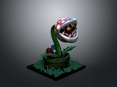 Cartoon Plant Model With Red White Spotted Mushroom Head Open Mouth Green Stem Grass Base 3d model