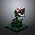Cartoon Plant Model With Red White Spotted Mushroom Head Open Mouth Green Stem Grass Base