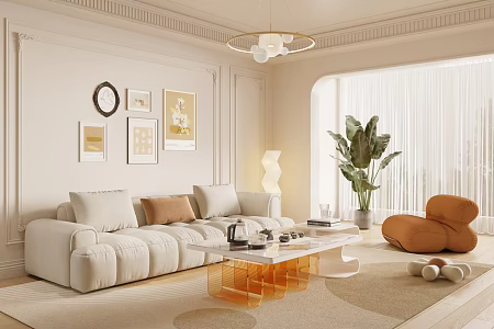French Cream Style Sofa Coffee Table Combination Fabric Sofa Mother and Mother Coffee Table Pillow Decorative Painting Single Sofa 3d model