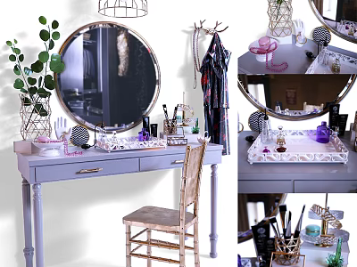 Light Purple Dressing Table With Round Mirror Cosmetics On Tray Wooden Chair And Green Plant 3d model
