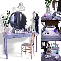Light Purple Dressing Table With Round Mirror Cosmetics On Tray Wooden Chair And Green Plant