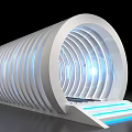 Futuristic Tunnel Interior With Circular LED Light Rings Blue Glow And Reflective Floor