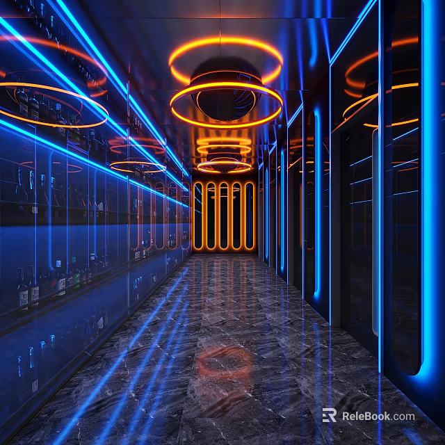 Modern Bar Corridor With Neon Lights Blue Orange Lighting Mirrored Walls And Marble Floors 3d model 