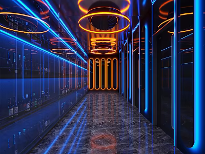 Modern Bar Corridor With Neon Lights Blue Orange Lighting Mirrored Walls And Marble Floors 3d model