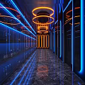 Modern Bar Corridor With Neon Lights Blue Orange Lighting Mirrored Walls And Marble Floors