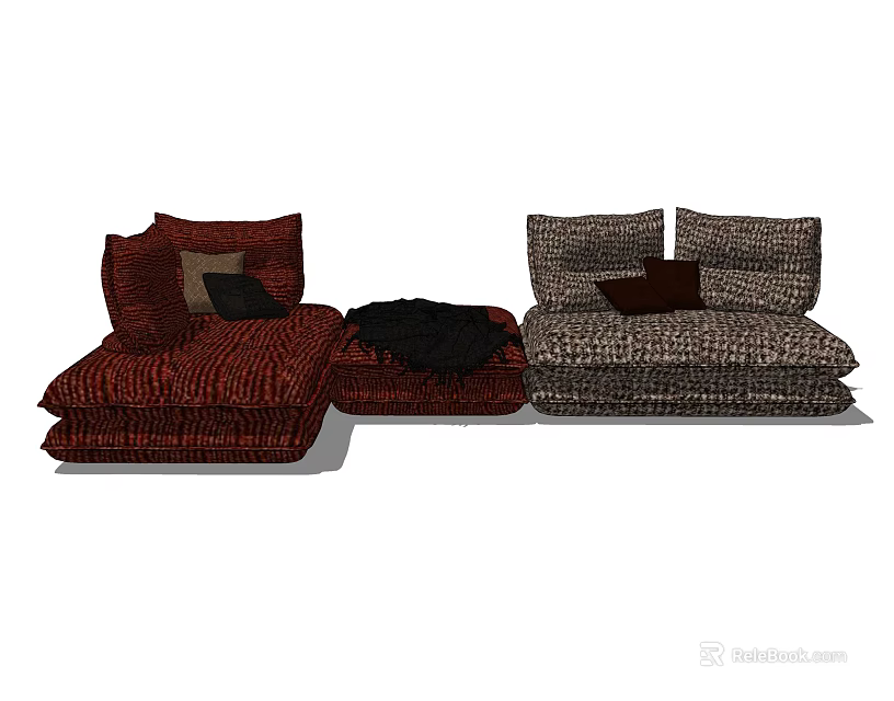 Red And Gray Multi Seater Sofa With Patterned Upholstery And Decorative Pillows 3d model