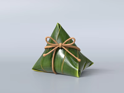 Traditional Chinese Zongzi Wrapped in Green Bamboo Leaves Tied with Brown String in Triangular Shape 3d model