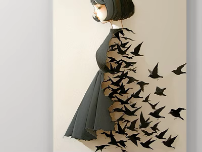 Abstract Painting Of Female Silhouette In Black Dress With Flying Birds Artwork 3d model
