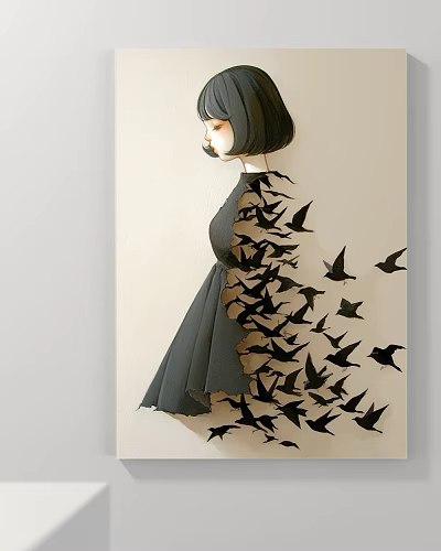 Abstract Painting Of Female Silhouette In Black Dress With Flying Birds Artwork 3d model