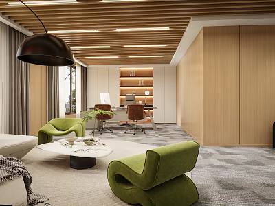 Modern Office Interior With Wooden Ceiling Green Chairs Sofa Bookshelf And Floor To Ceiling Windows 3d model