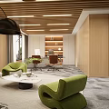 Modern Office Interior With Wooden Ceiling Green Chairs Sofa Bookshelf And Floor To Ceiling Windows