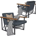 Modern Accent Chair with Black Frame Leather Seat Wooden Armrests Plaid Blanket and Cushion