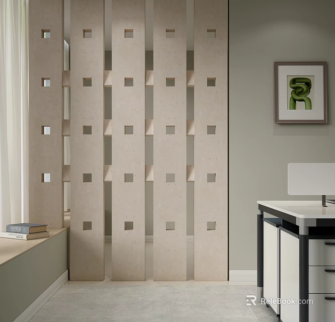 Beige Room Divider with Vertical Panels Square Cutouts in Interior with Window Desk and Bookshelf 3d model 