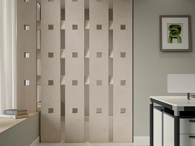 Beige Room Divider with Vertical Panels Square Cutouts in Interior with Window Desk and Bookshelf 3d model
