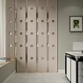 Beige Room Divider with Vertical Panels Square Cutouts in Interior with Window Desk and Bookshelf