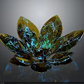 Golden Metallic Lotus Shaped Decorative Piece With Blue Patterns On Black Background And Reflection