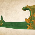 Traditional Architectural Component with Intricate Golden Carvings Green Main Body and Tower like Ornaments