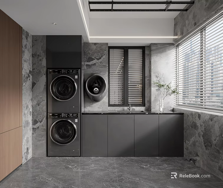 Modern Home Balcony With Stacked Washing Machine Dryer Black Cabinets Marble Walls Blinds And Plants 3d model 