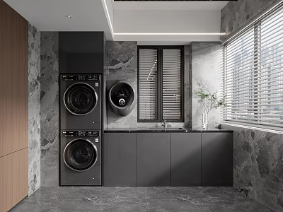 Modern Home Balcony With Stacked Washing Machine Dryer Black Cabinets Marble Walls Blinds And Plants 3d model