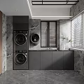 Modern Home Balcony With Stacked Washing Machine Dryer Black Cabinets Marble Walls Blinds And Plants
