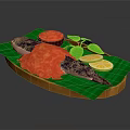 Fresh Fish Dish With Red Sauce Green Leaves And Lemon Slices On Green Platter
