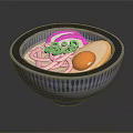Delicious Ramen Noodles In Blue And White Patterned Bowl With Soft Boiled Egg Green Onions